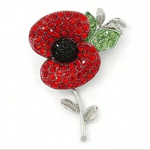 BNIB Rhinestone Vtg Style Poppy Brooch Silver Tone Remembrance Veterans Memorial